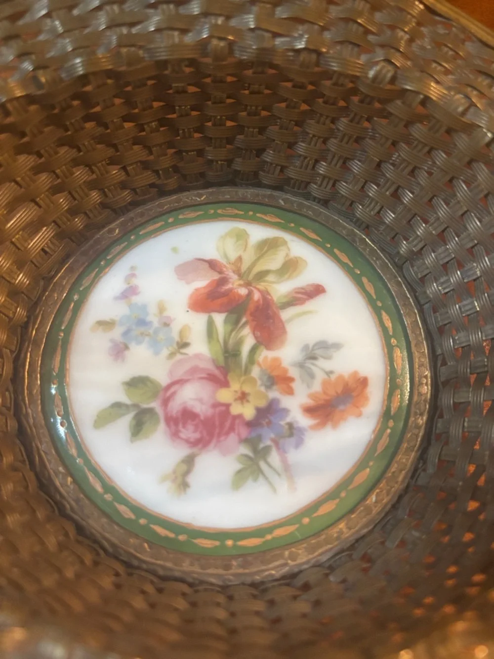 Vintage French Woven Brass Basket with Floral Porcelain Insert - Gold